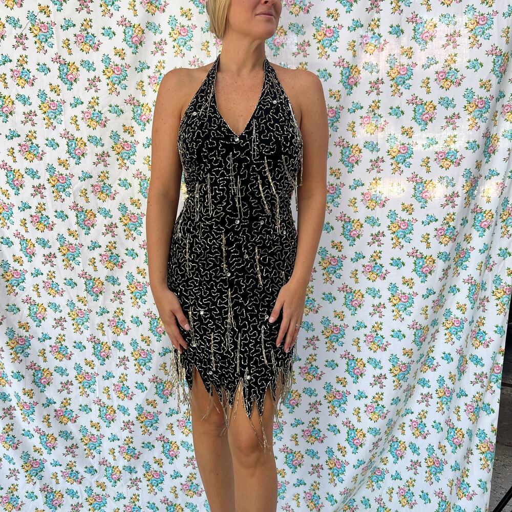 Vintage 90s nite line silk beaded halter dress size 6